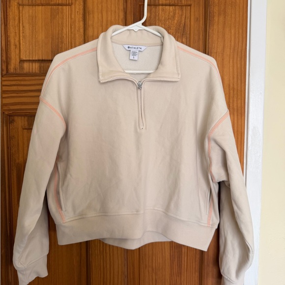Athleta Sweaters - Athleta Cream Quarter-Zip cropped Pullover with Peach Stitching